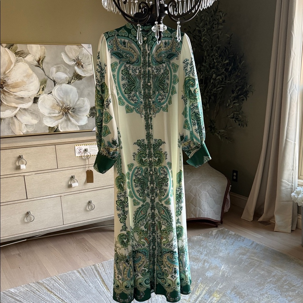 Elegant Green Paisley Maxi Dress Turkish